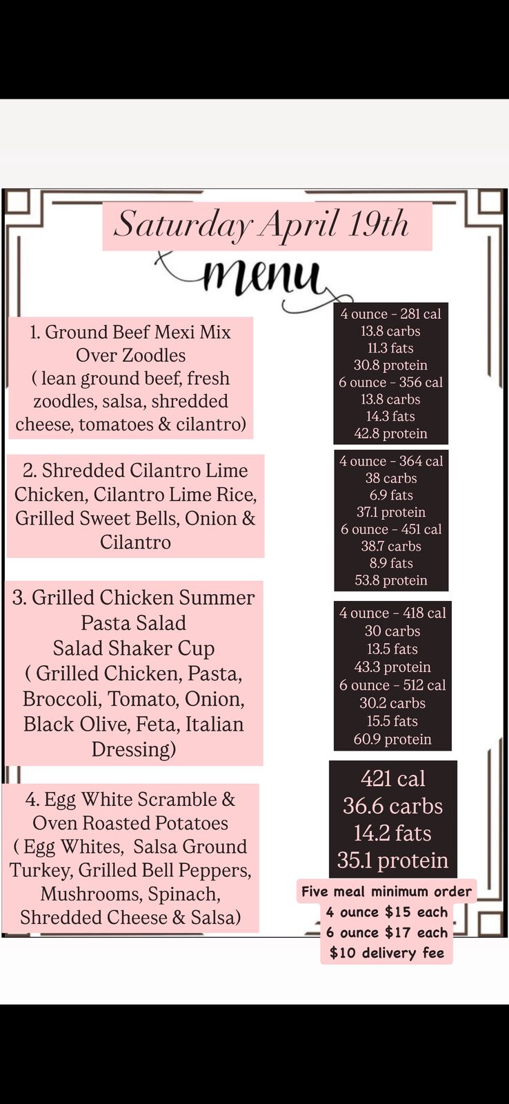 Archived menu for Saturday, April 19